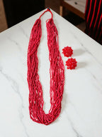 Inhanns Rangsaaz 20-Layer Luxe Long Beaded Necklace (With Optional Statement Earrings) - Red With Earring
