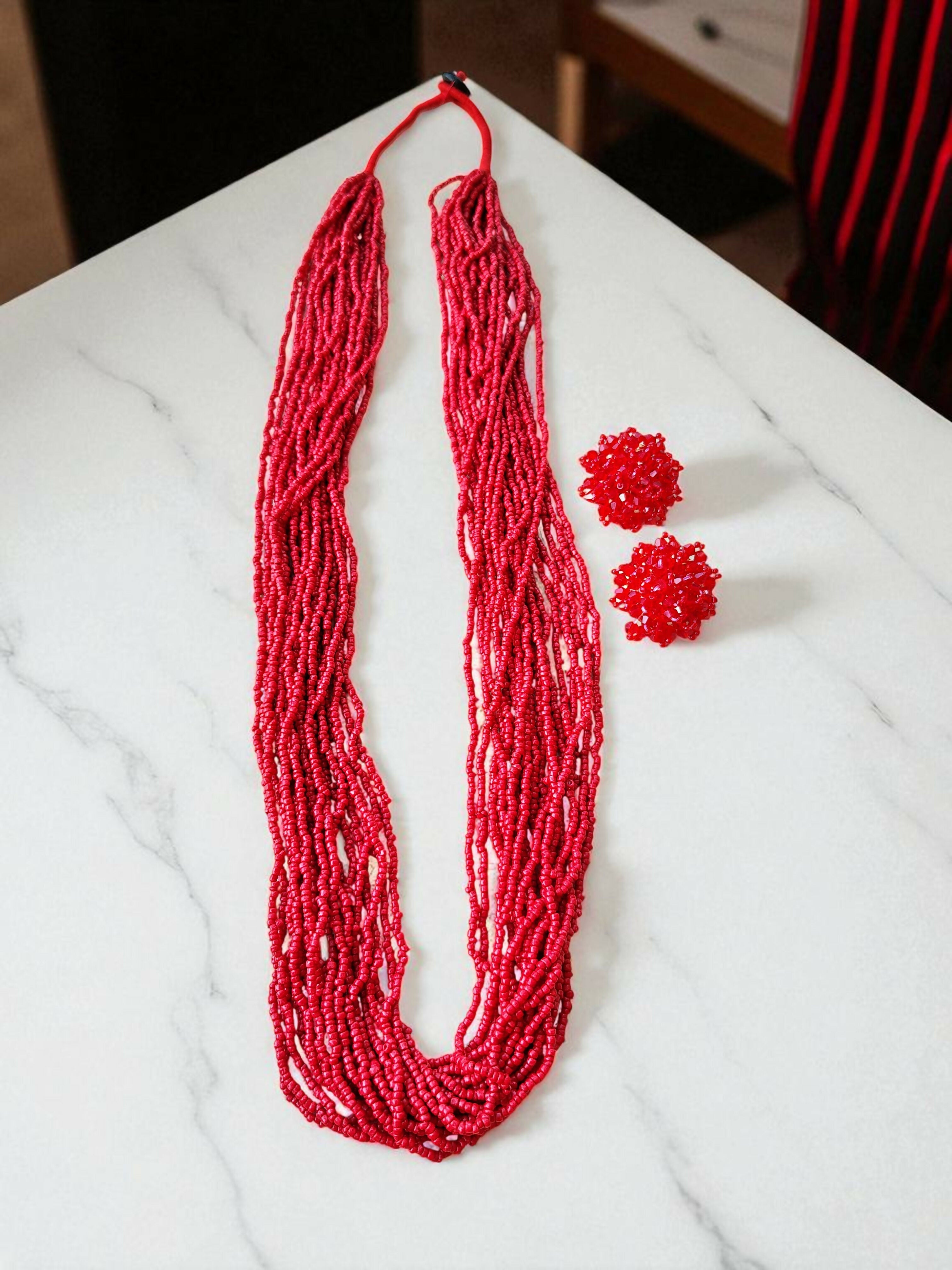 Inhanns Rangsaaz 20-Layer Luxe Long Beaded Necklace (With Optional Statement Earrings) - Red With Earring