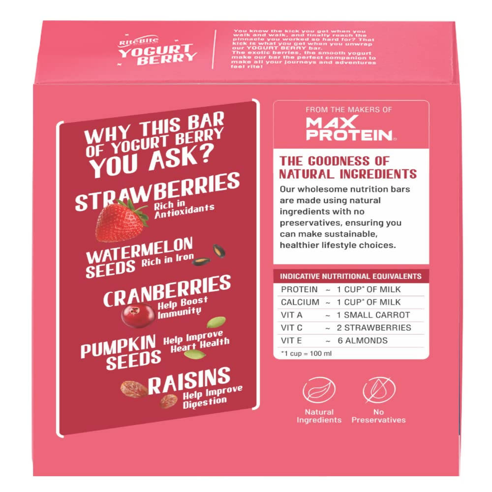 RiteBite Max Protein Yogurt Energy Berry Nutrition Bar - Distacart
