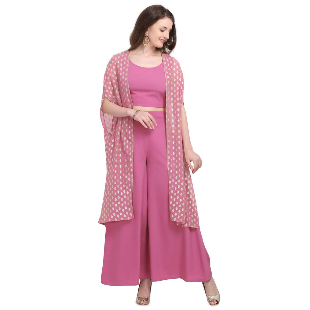 Vamika Crepe Rubber Print Pink Party Wear/Casual Wear/Office Wear Top Plazzo With Shrug