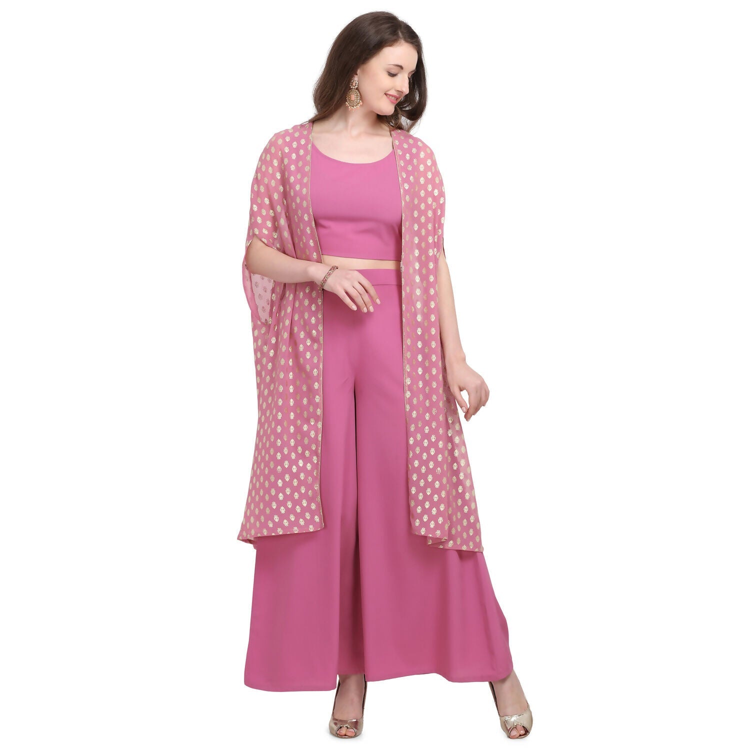 Vamika Crepe Rubber Print Pink Party Wear/Casual Wear/Office Wear Top Plazzo With Shrug