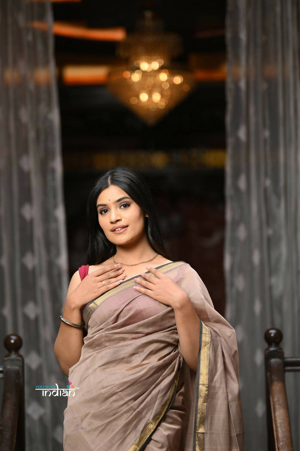 Very Much Indian VMI Exclusive Designer! Handloom Cotton Silk Saree With Sleek Golden Border - Warm Taupe