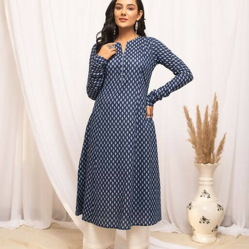 FIORRA Women's Floral Printed Navy Blue Cotton A-Line Kurta