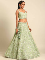 House of Panchhi Lime Green Net Sequins and Zarkan embroidery Lehenga choli & Dupatta