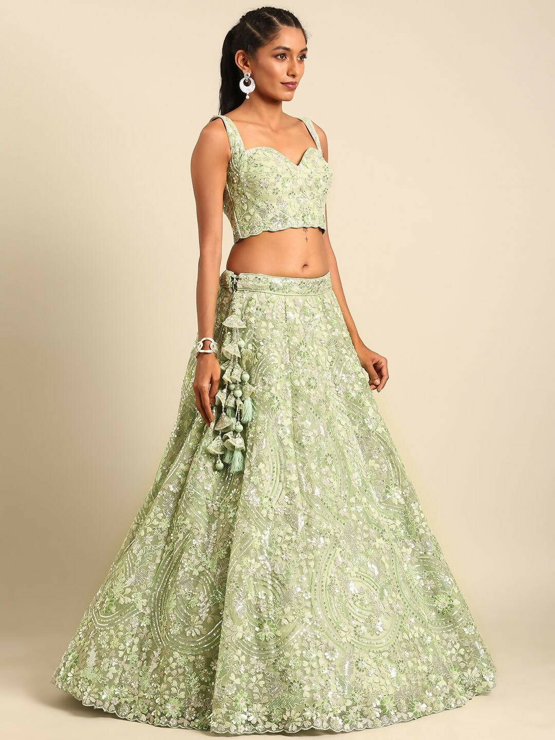 House of Panchhi Lime Green Net Sequins and Zarkan embroidery Lehenga choli & Dupatta
