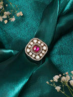 Ruby Raang Gold Polished Maroon Kundan And Stone Ring