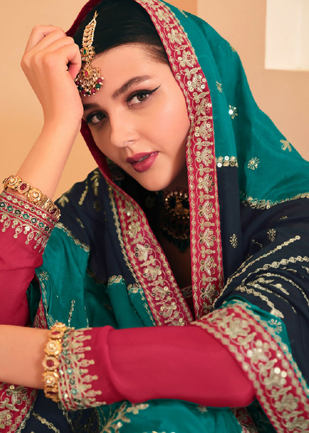 Dazzling Red Embroidered Chinnon Palazzo Salwar Kurta - Emponline