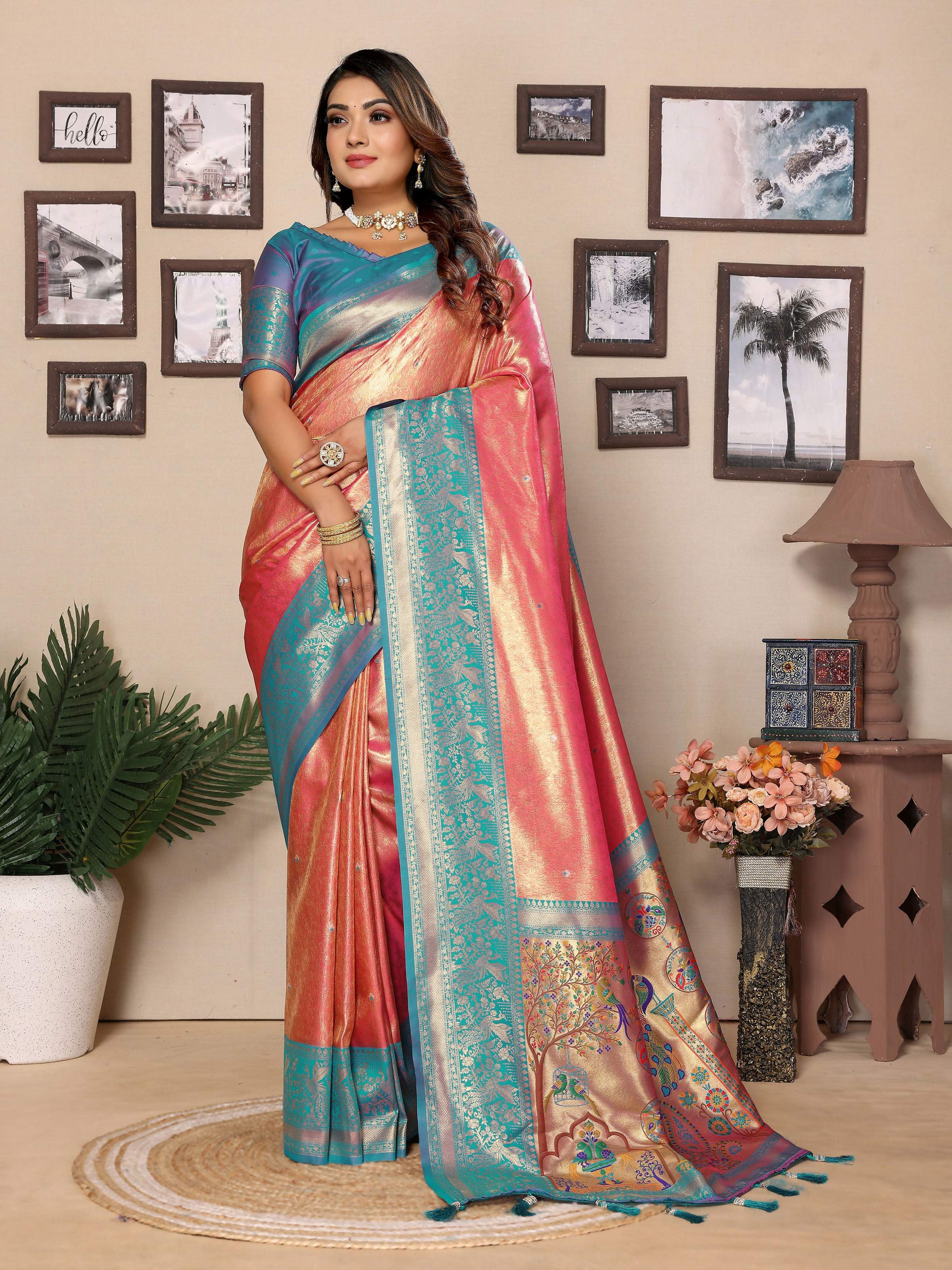 Aastha Fashion Pink Tissue Silk Weaving Saree - Distacart