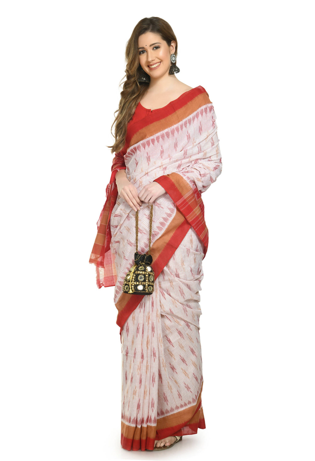 Vamika Sambalpuri Ikat Cotton Dehabandha Badafula White & Light Red Saree - Distacart