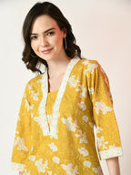 Myshka Women's Yellow Printed Kurta With Trousers