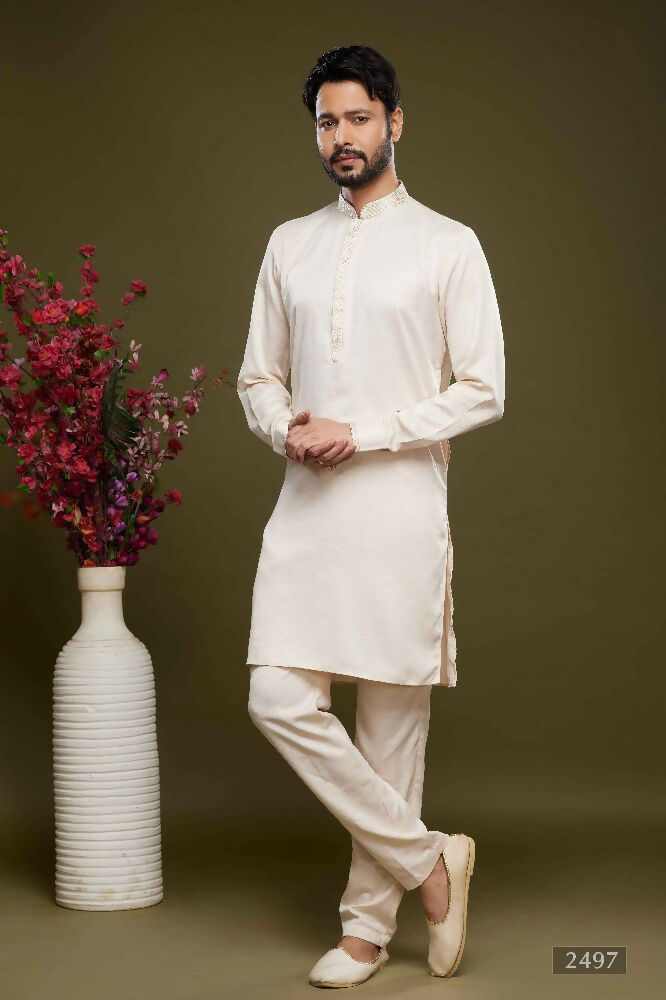 Raivat Ethnic Art Banarasi Silk Thread Work Kurta Pajama In Cream Colour