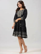 Juniper Women Black Rayon Printed Short Tiered Dress - Distacart