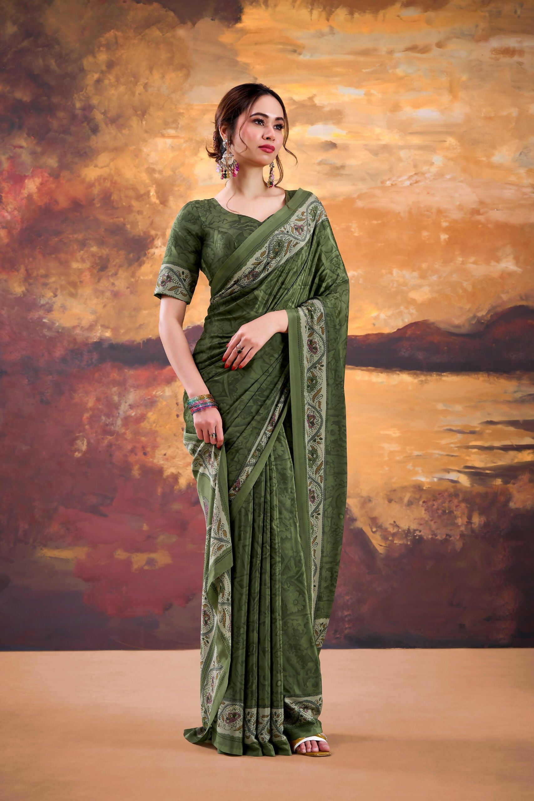 Vastranavya Mehendi Crepe Printed Saree with Unstitched Blouse - Distacart