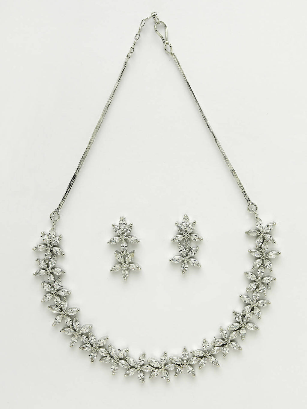 NVR Women Silver Plated Cz Stone Handcrafted Jewellery Set