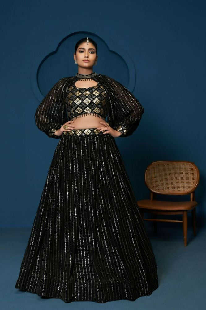 Black Sequence Work Georgette Crop Top Type Full Sleeve Lehenga Choli - Jihu Culture