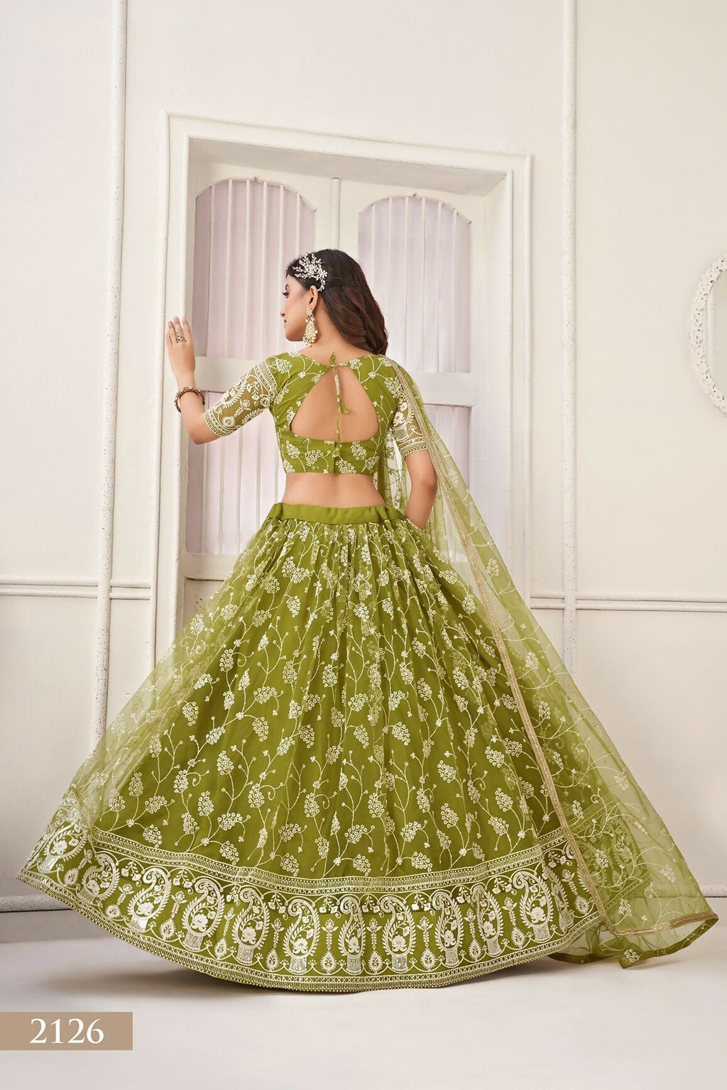 Eilara Women'S Olive Green Butterfly Net Embroidered Thread Work Party Wear Lehenga Choli