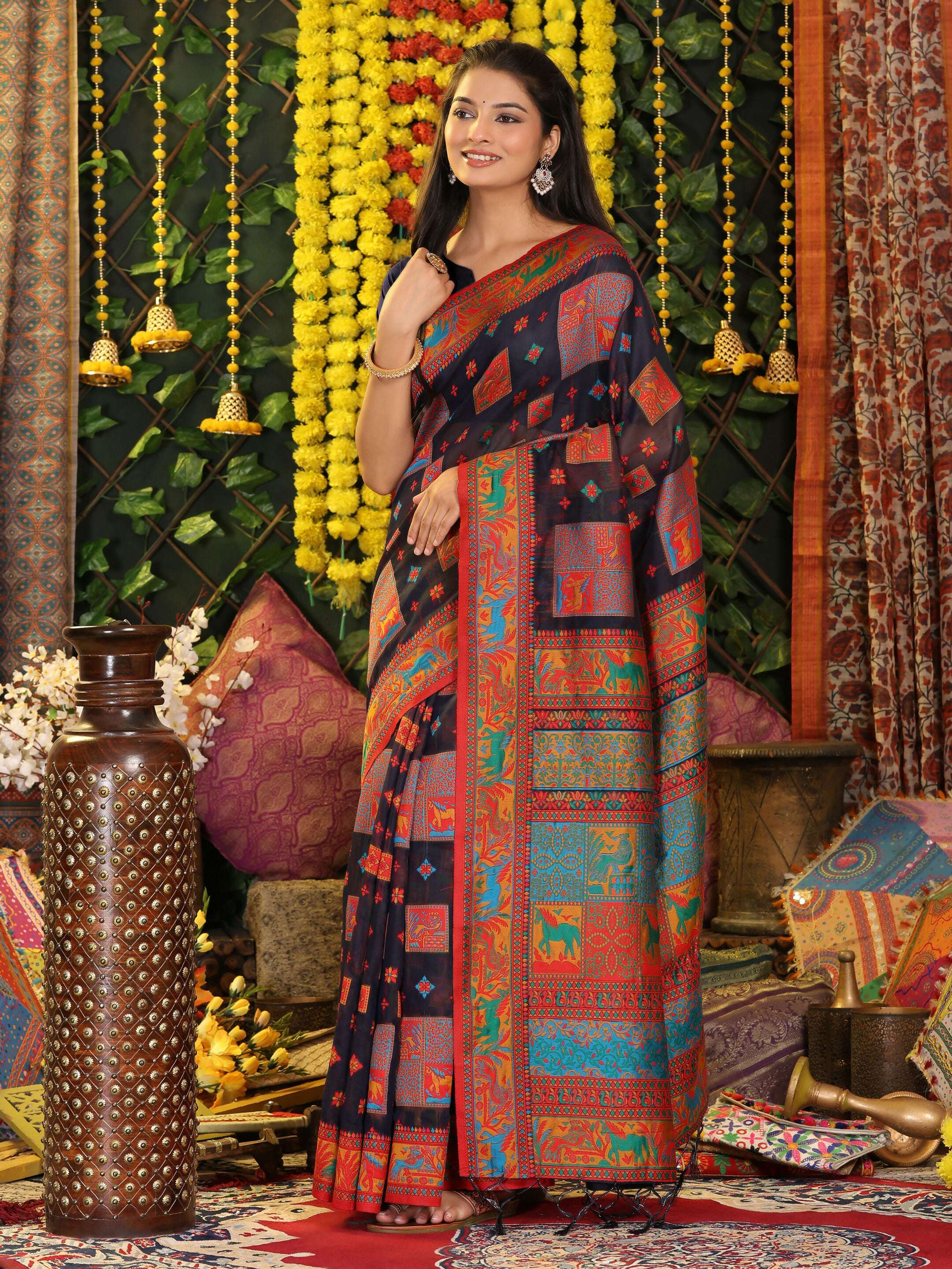 Shree Shyam Fashion Linen Cotton Navy Blue Saree - Distacart