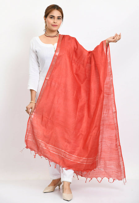 Mominos Fashion Moeza Women's Linen Cotton Silver Border Red Dupatta