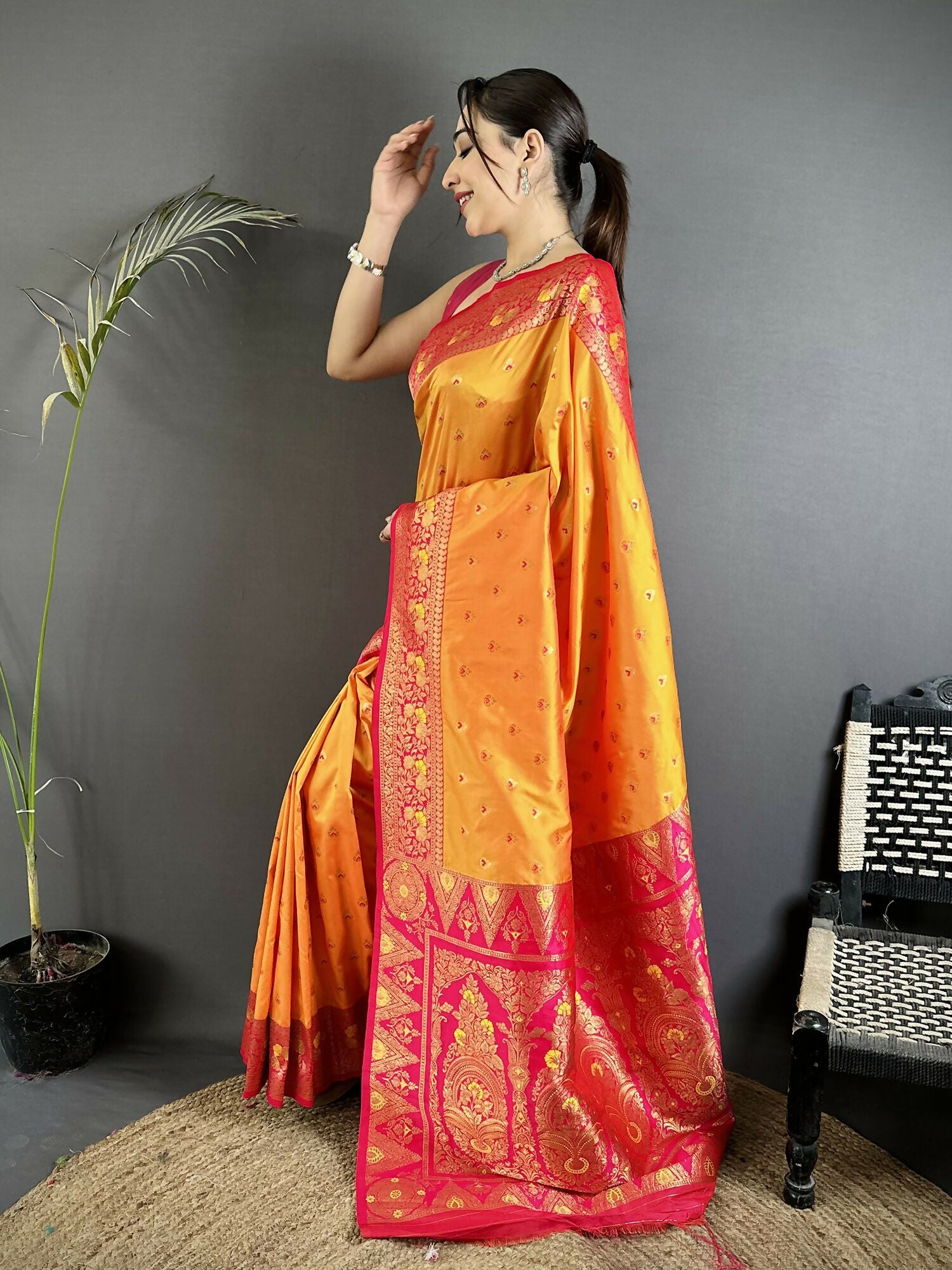 Joban Fashion Orange Intricate Motifs Soft Silk Banarasi Saree