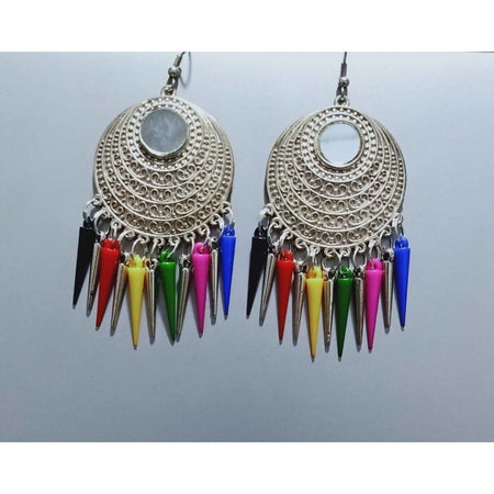 MS Fashion India Multicolor Long Drops Small Mirror Design Tassel Hook Earrings