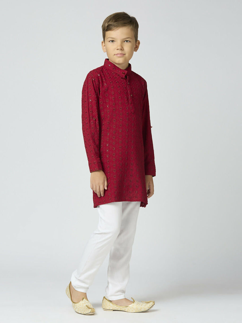 Joban Fashion Kids Island Full Sleeves Cotton Kurta and Pyjama Set with Sequin work - Maroon - Distacart