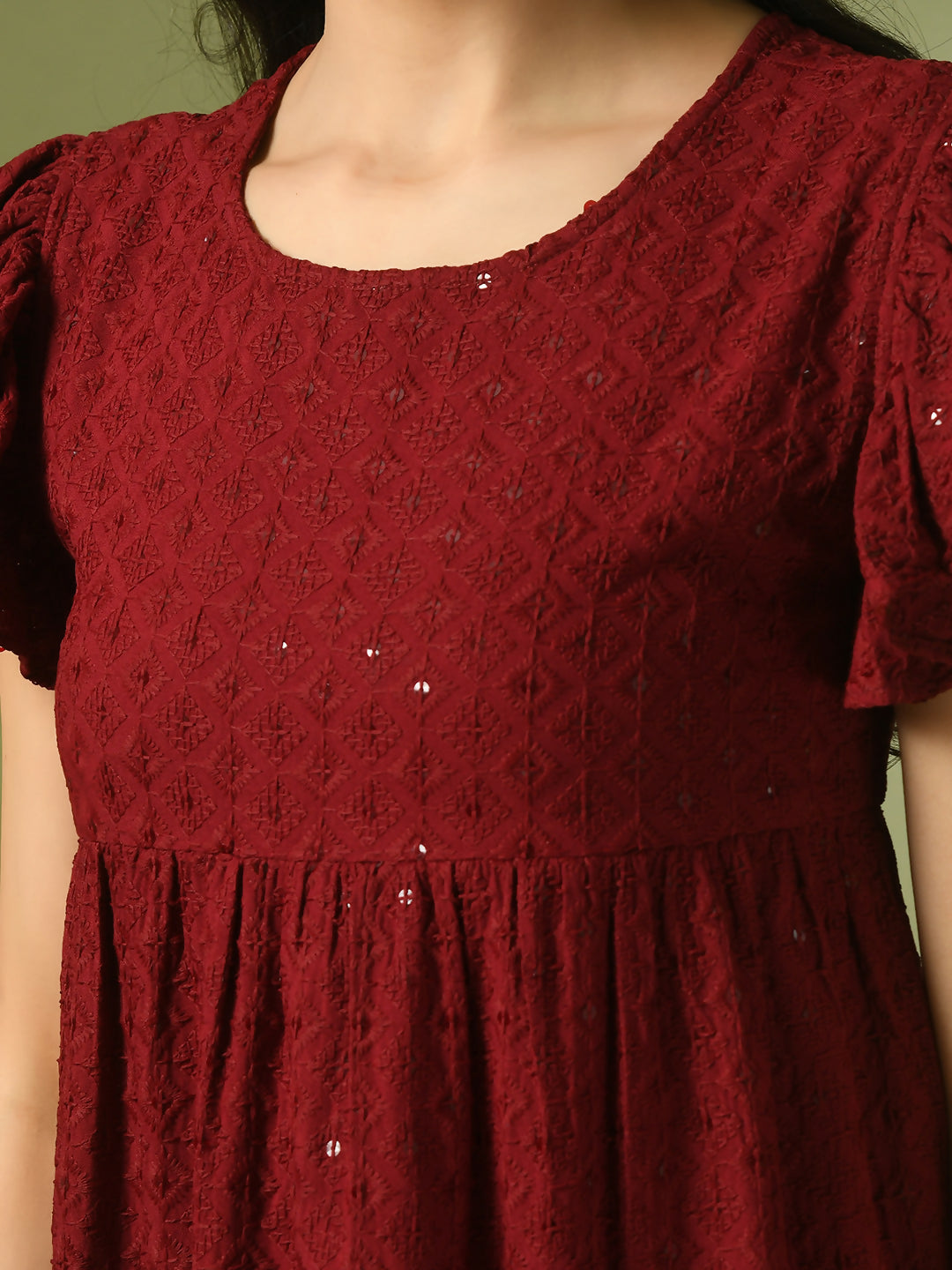 Myshka Women's Maroon Embroidered Cotton Round Neck A-Line Party Dress - Distacart