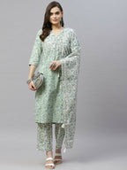 Miravan Women's Floral Printed Angrakha Pure Cotton Kurta With Palazzo & Dupatta Set