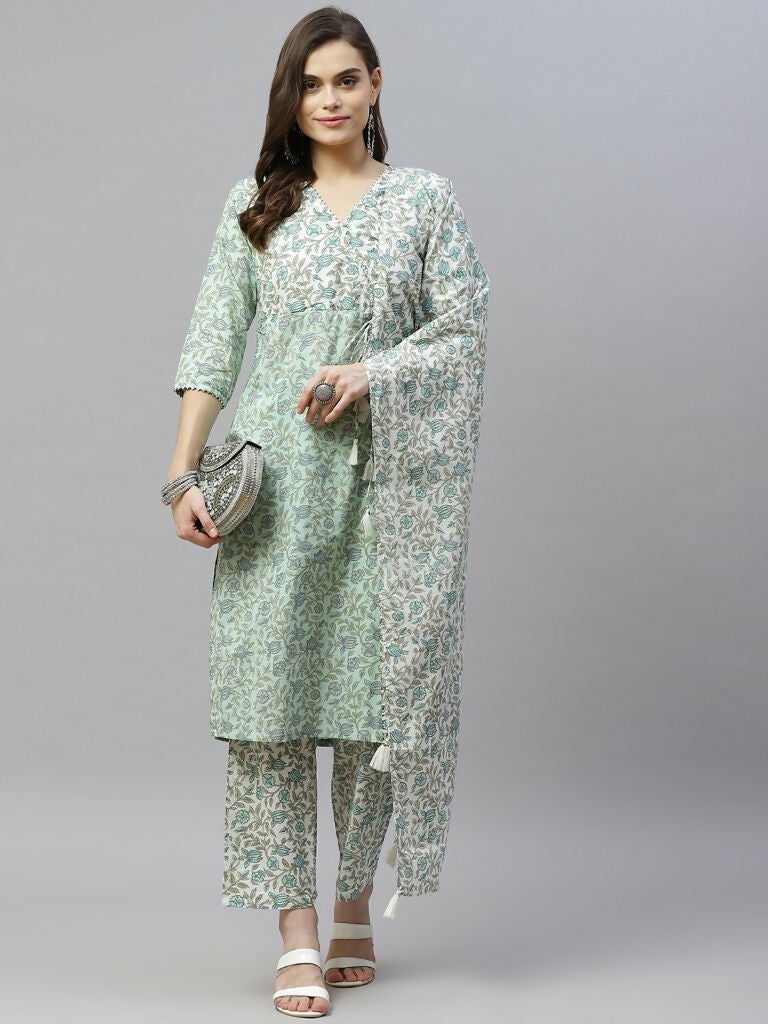 Miravan Women's Floral Printed Angrakha Pure Cotton Kurta With Palazzo & Dupatta Set