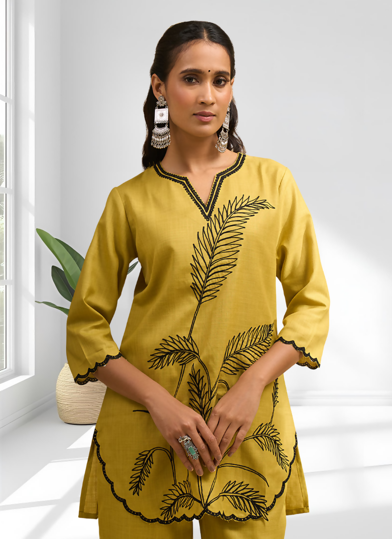 Joban Fashion Yellow Cotton, Linen Embroidered Readymade Cord Set - Distacart