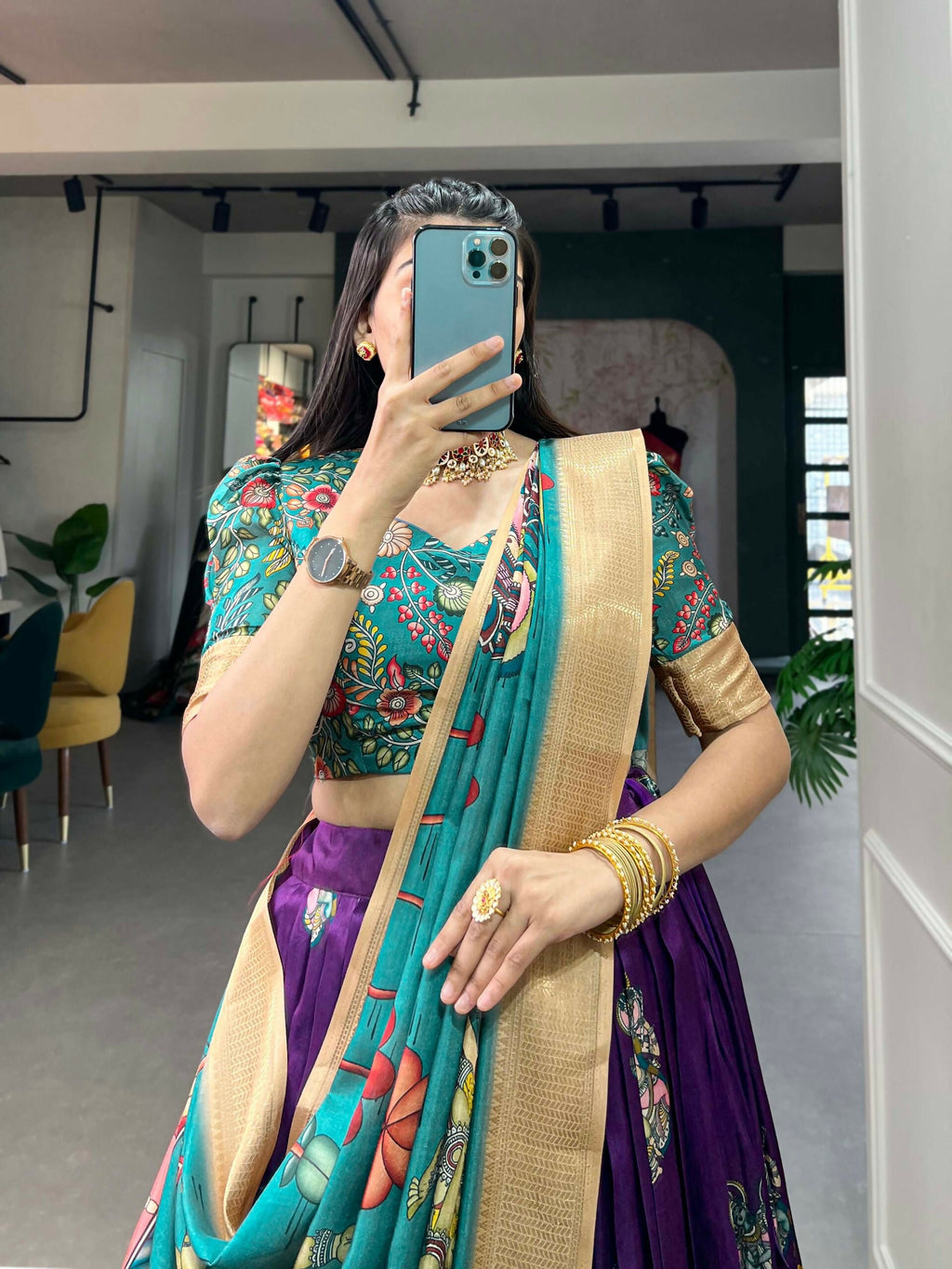 Vastranavya Kalamkari Print With Weaving Border Lehenga with Unstitched Blouse - Purple