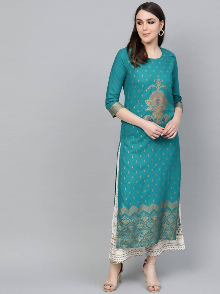 Vamika Sky Blue Printed Rayon Party And Casual Wear Kurta Set
