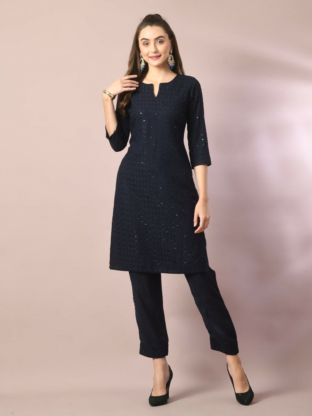 Myshka Women's Navy Blue Embroidered Cotton Straight Party Kurta Set