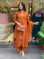The52 Orange Women's Gorgeous Chanderi Fabric Embroidered Work Straight Kurta Pant and Dupatta Set - Distacart