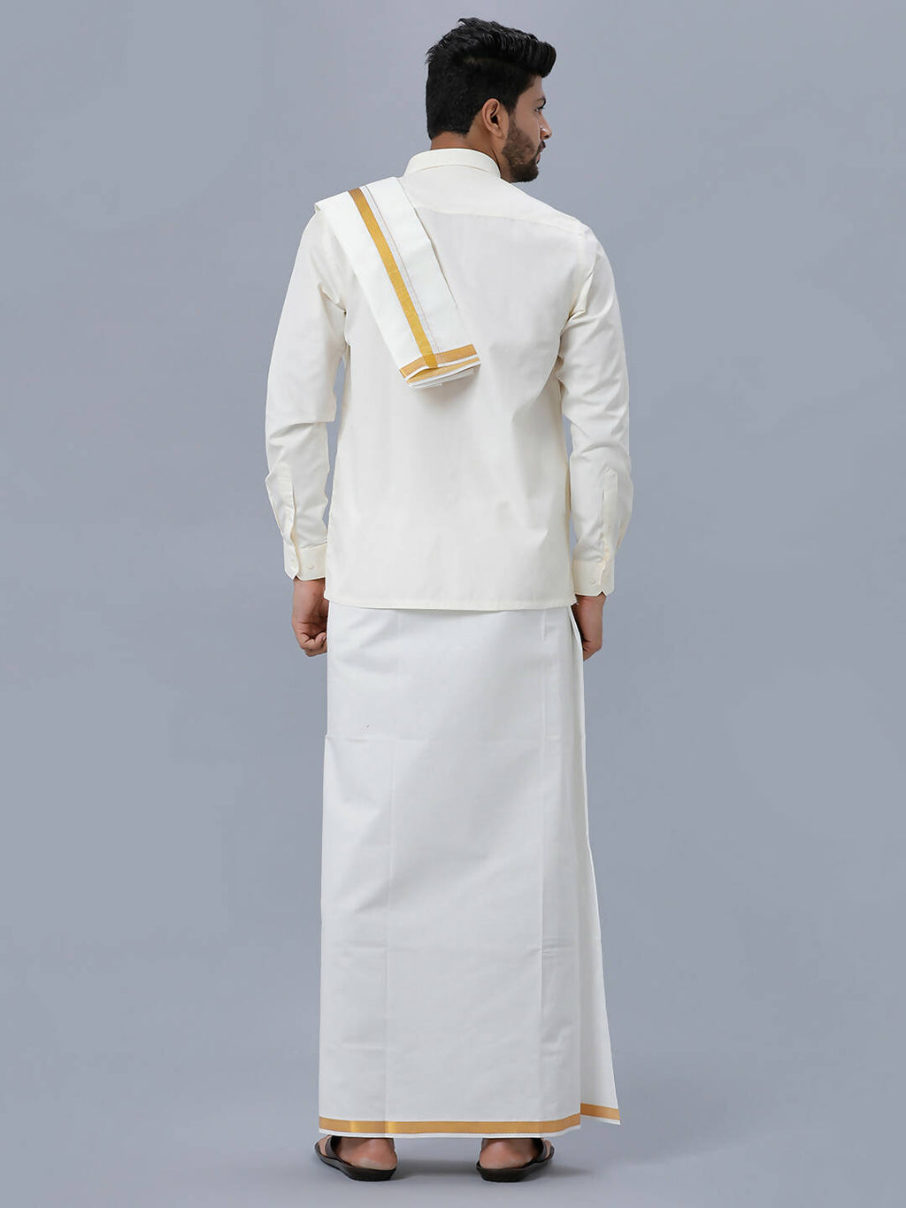 Ramraj Cotton Premium Wedding Cream Readymade Dhoti, Shirt & Towel Set Dhanvanthri