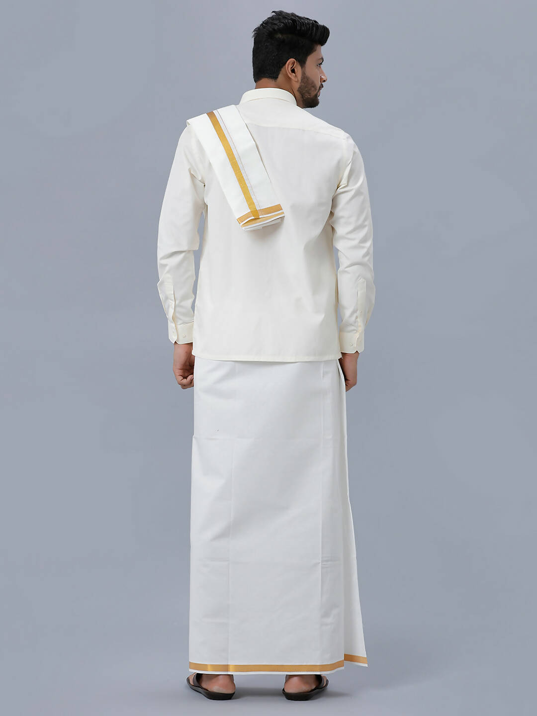 Ramraj Cotton Premium Wedding Cream Readymade Dhoti, Shirt & Towel Set Dhanvanthri
