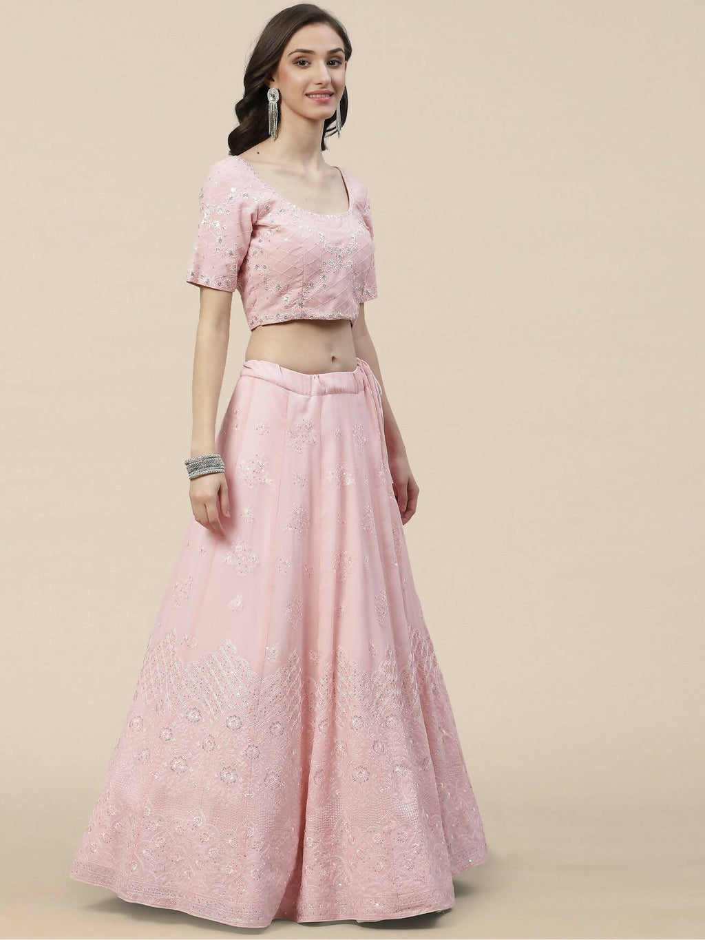 Pink Georgette Thread with Sequins Embroidered work Lehenga Choli with Dupatta - Jivika