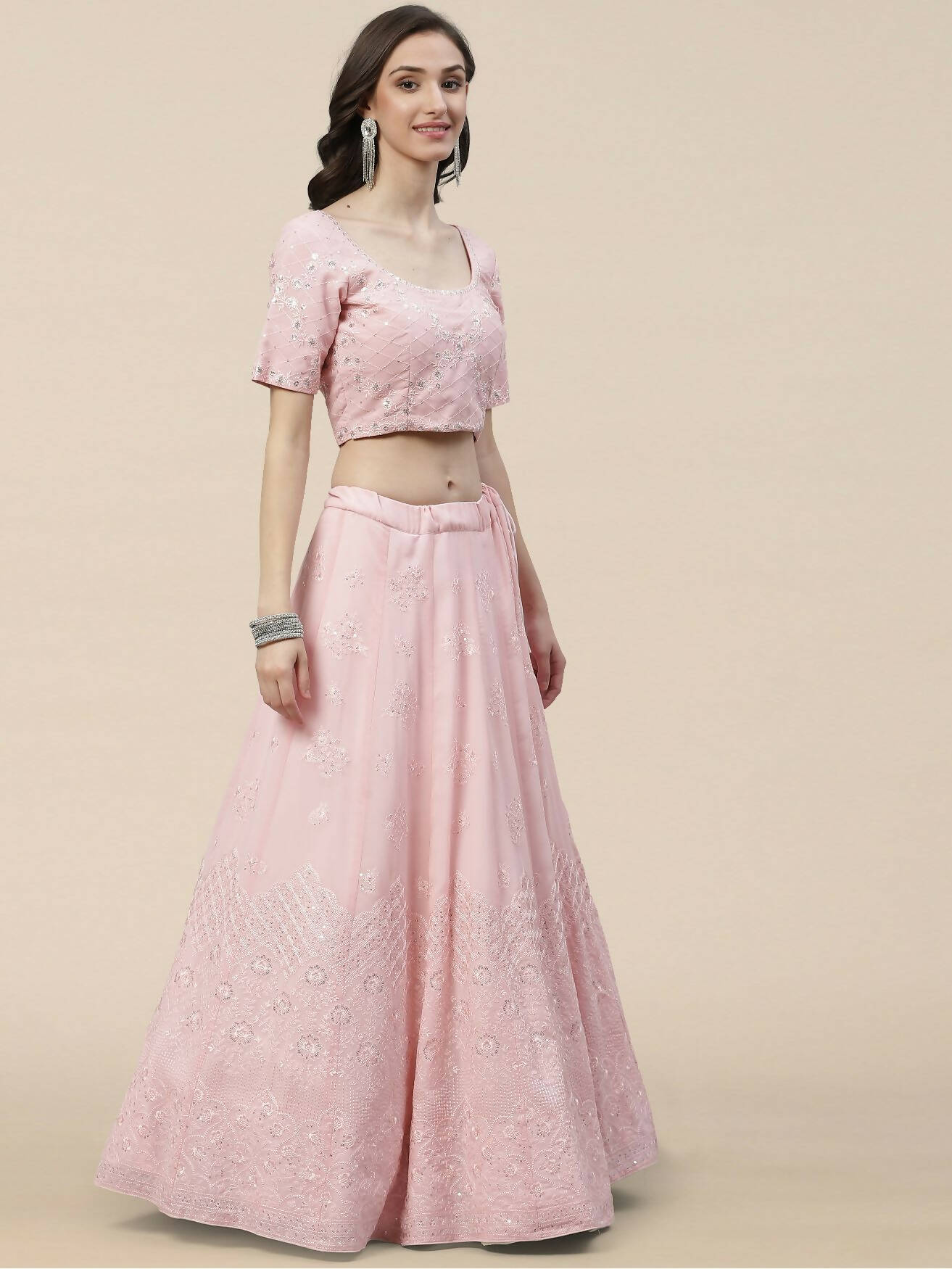 Pink Georgette Thread with Sequins Embroidered work Lehenga Choli with Dupatta - Jivika