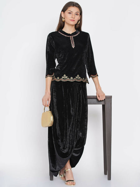 Women Republic Black Velvet Embroiderd Koti With Dhoti Pants