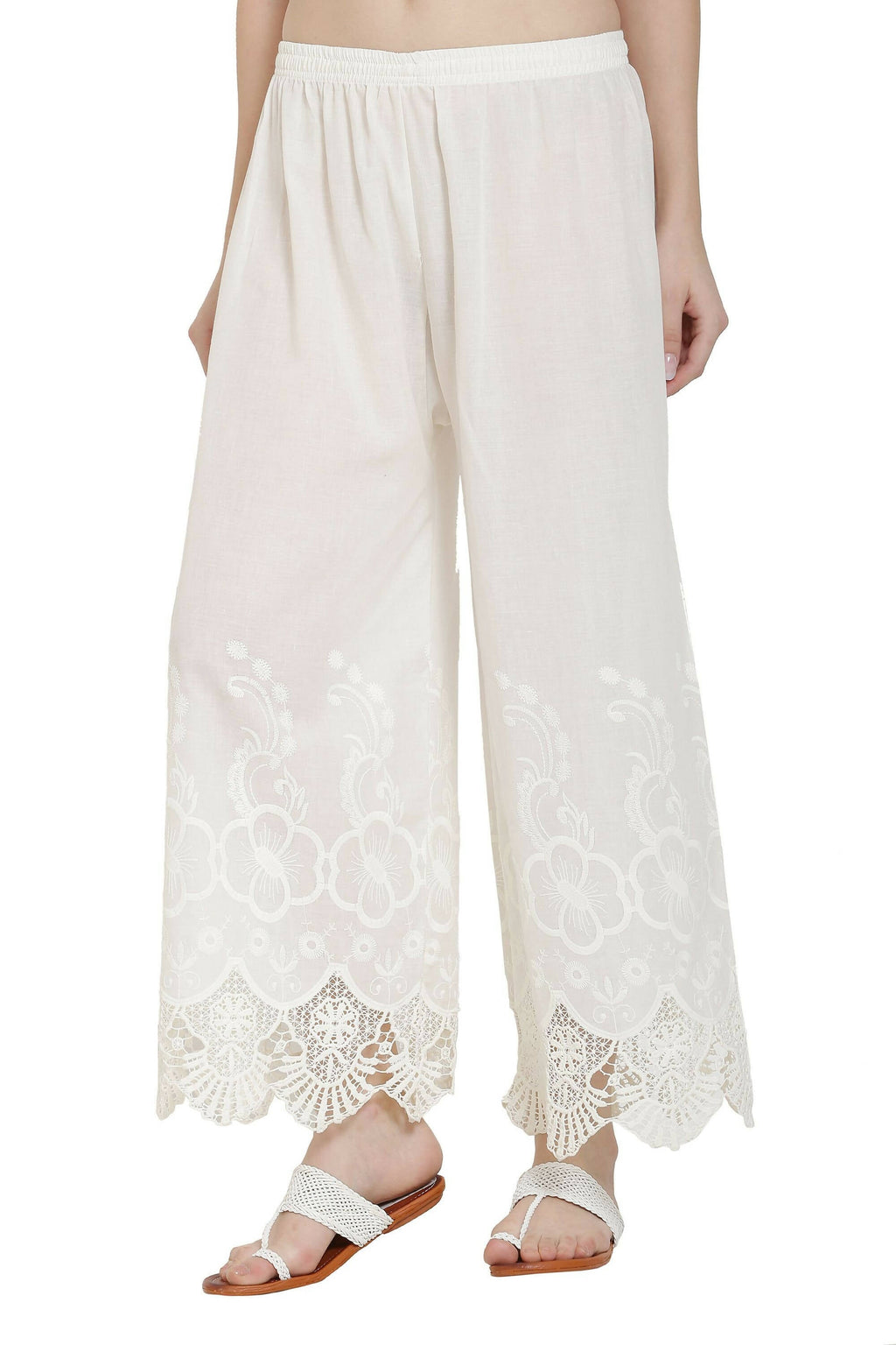 PAVONINE White Color Chikankari Lace Scalloped Hem Cotton Fabric Sharara - Distacart