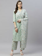 Miravan Women's Floral Printed Angrakha Pure Cotton Kurta With Palazzo & Dupatta Set