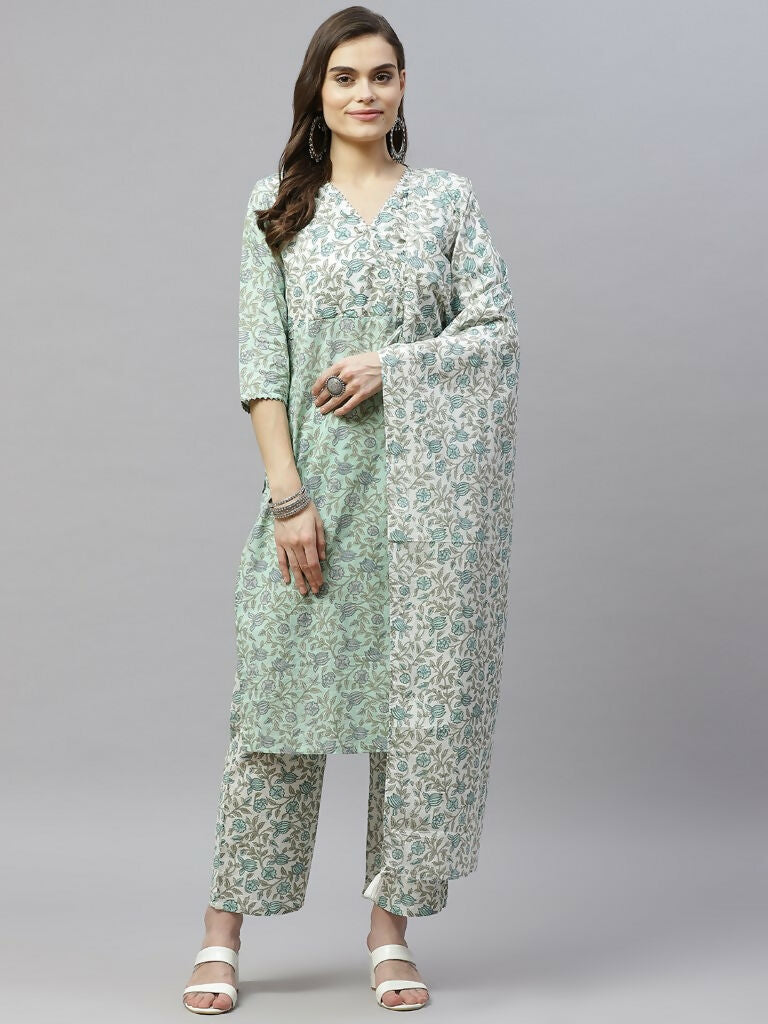 Miravan Women's Floral Printed Angrakha Pure Cotton Kurta With Palazzo & Dupatta Set