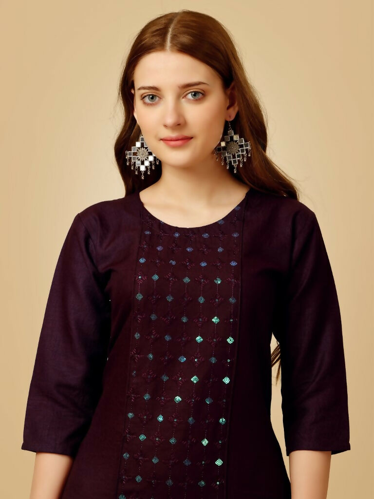 Jyoti Fashion Women's Wine Cotton Blend Embroidered Kurta Pant Set