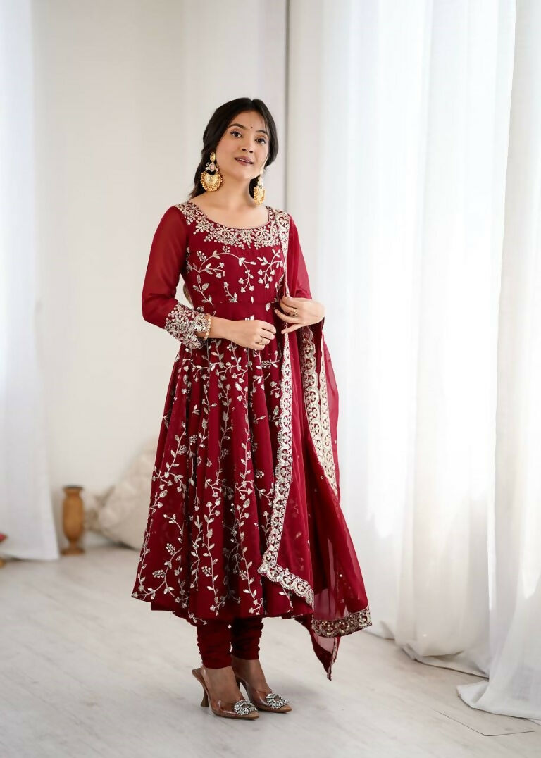 Teeya Creation Maroon Color Heavy Faux Georgette Embroidery Work Gown - Distacart