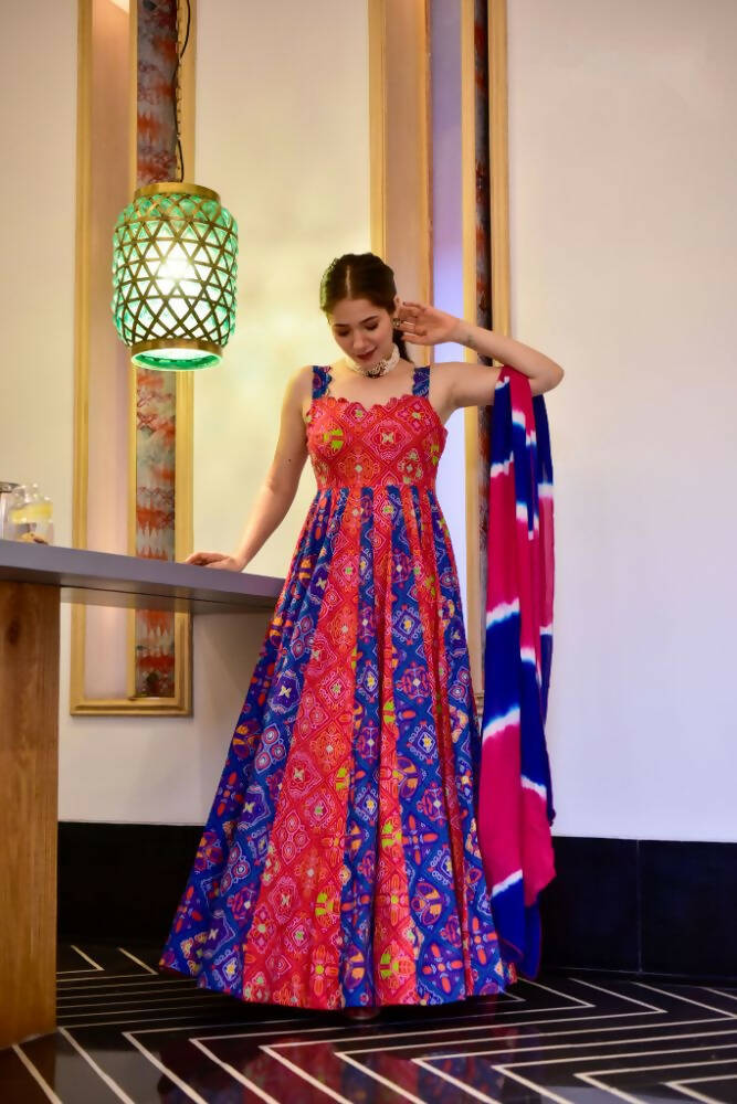 Everywhere Designer Blue & Red Silk Cotton Stitched Suit With Dupatta - Anbazaar - Distacart