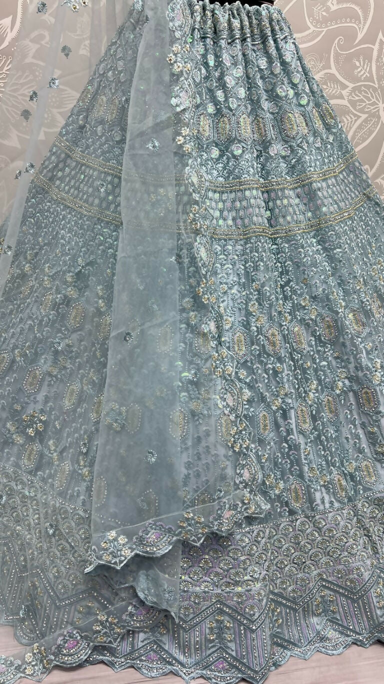 Jyoti Fashion Women's Aqua Heavy Net Fancy Dori, Multi Thread, Rainbow Sequins and Diamond Work Wedding Lehenga Choli