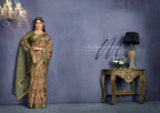 Coffee Mustard Tusser Silk Floral Printed With Embroidered Work Saree With Unstitched Blouse - Mohmanthan Aahana