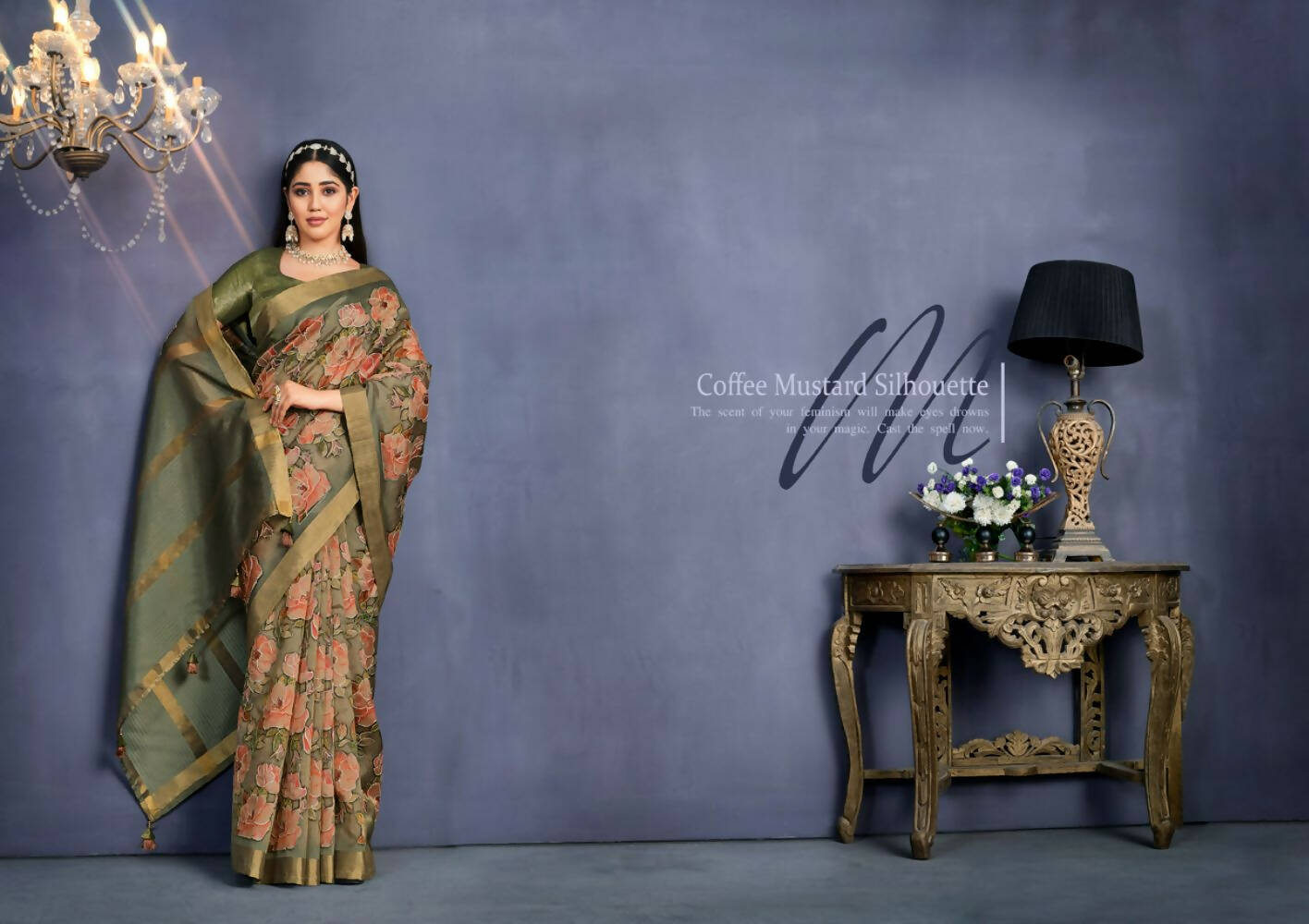 Coffee Mustard Tusser Silk Floral Printed With Embroidered Work Saree With Unstitched Blouse - Mohmanthan Aahana