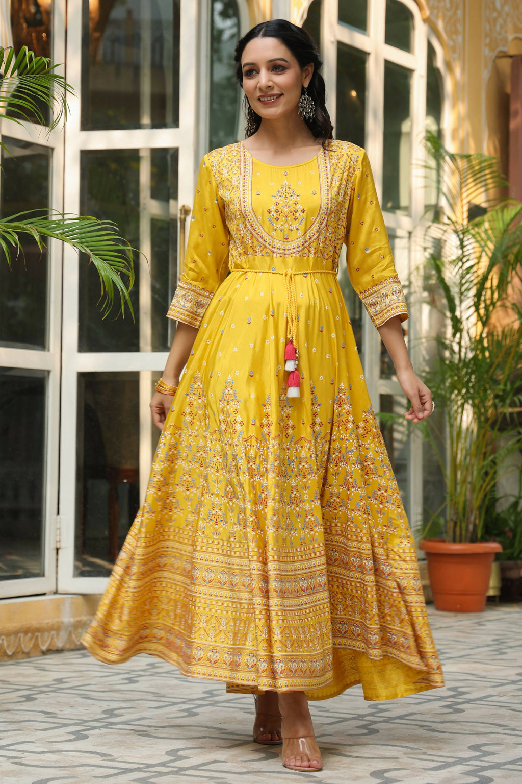 Juniper Women's Mustard Viscose Shantoon Festive Printed Flared Dress - Distacart