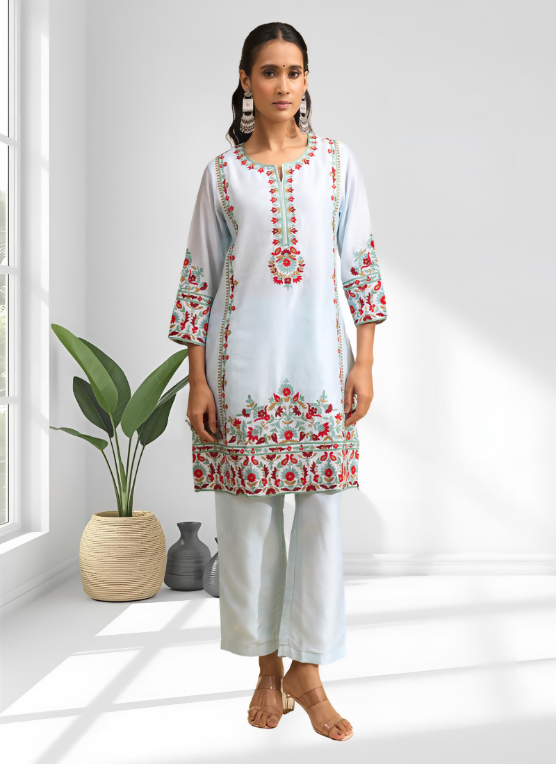Joban Fashion Sky Blue Silk Embroidered Readymade Long Kurta With Pant - Distacart