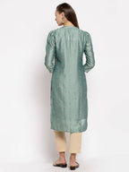 Myshka Women's Green Silk Solid Full Sleeve Round Neck Casual Kurta